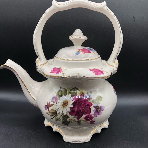 NEW Crown Dorset Staffordshire England Rose Gold Trim Porcelain Teapot PRISTINE - Picture 1 of 9